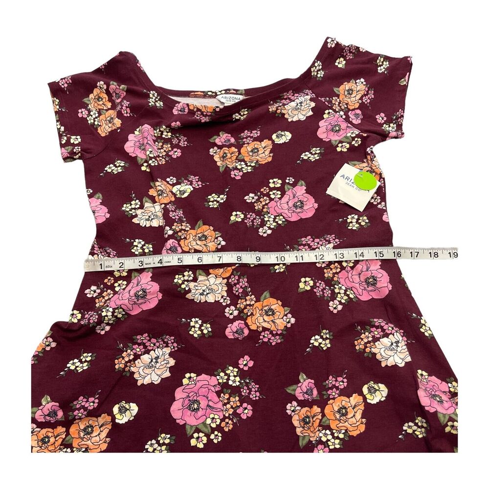 Arizona A-Line Dress Women's XL Burgundy Floral Stretch Short Sleeve Boat Neck - Picture 3 of 8